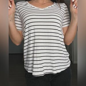 Women's White and Black Striped V-Neck Tee